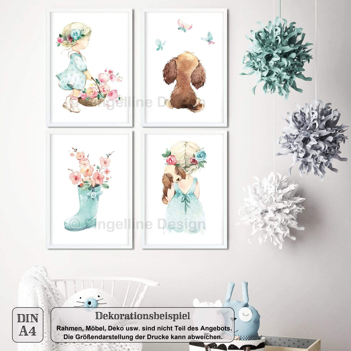 4er Set Mädchen &amp; Hund rosa mint ★ Bilder Kinderzimmer (DIN A4) - Pingelline Design