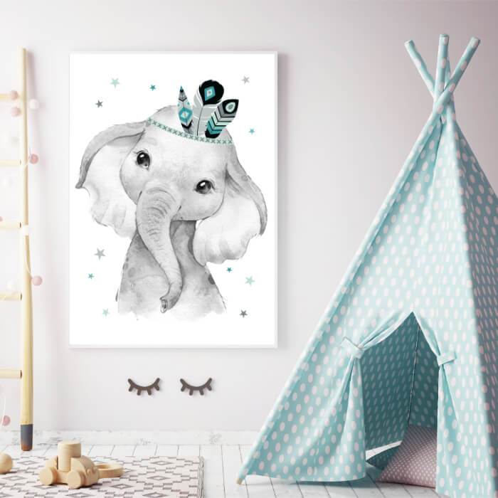 A4/A3, nursery decoration, baby room pictures, nursery pictures, poster nursery - elephant - boho, feather, mint, grey, girl, boy - Pingelline Design 