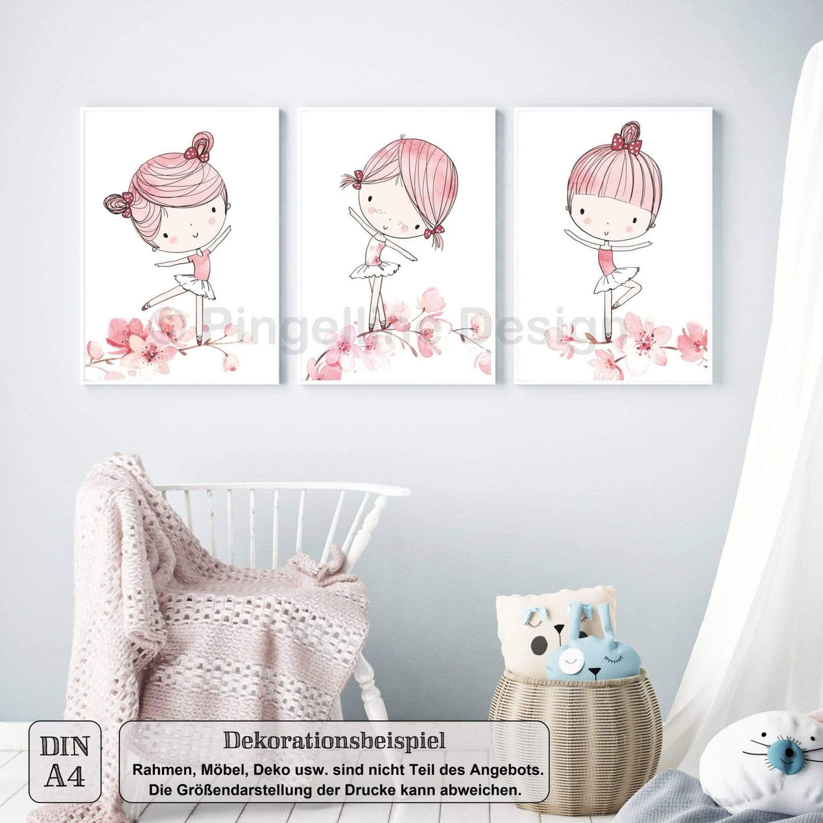 A4, Kinderzimmer Poster, Kinderzimmer Deko, Kinderzimmer Bilder, Babyzimmer Bilder - Ballerina - 3er Set rosa - Pingelline Design