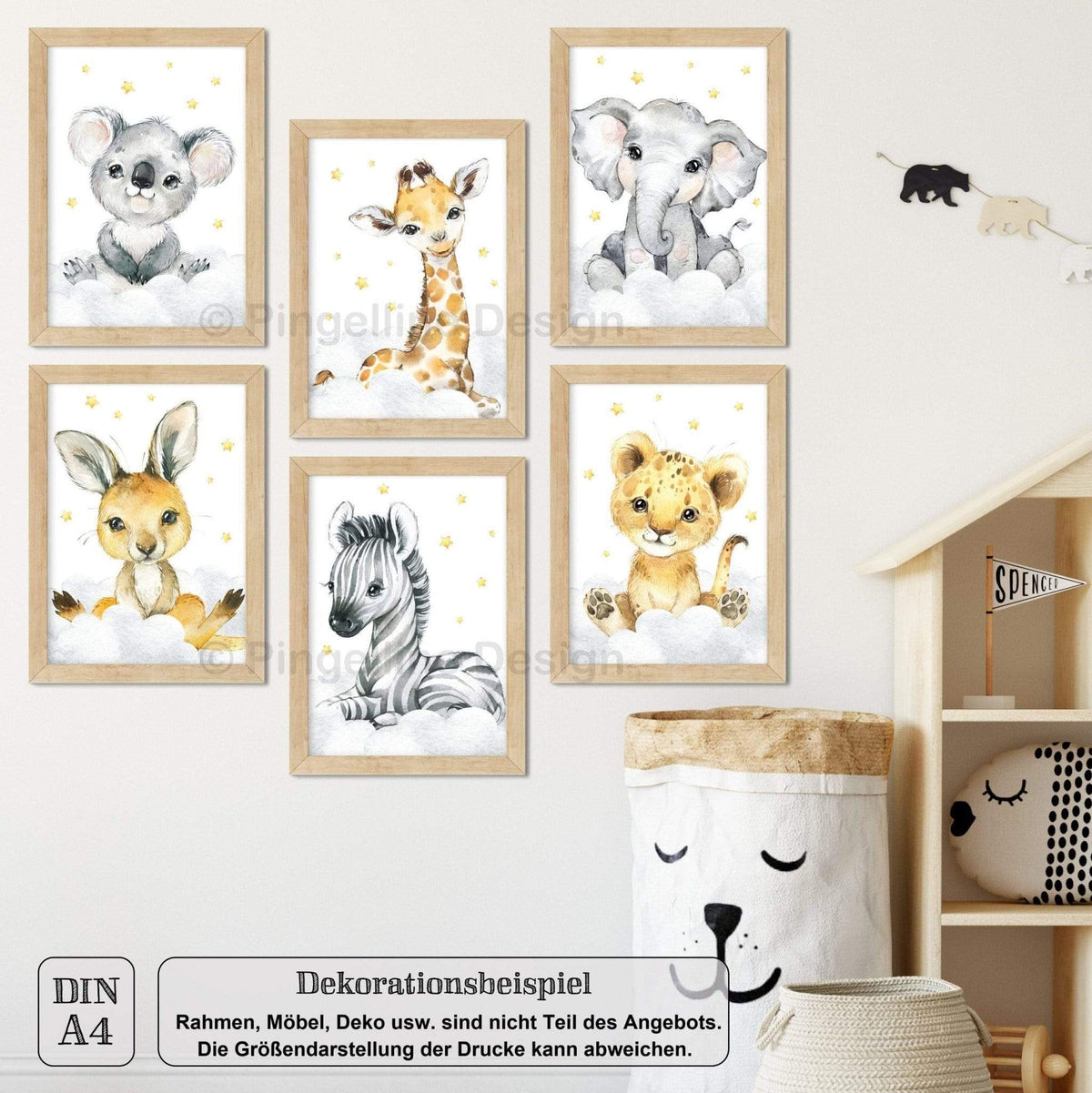 A4/A3, Babyzimmer Bilder, Poster Kinderzimmer, Kinderzimmer Bilder, Kinderzimmer Deko - Safari Tiere - 6er Set - Pingelline Design