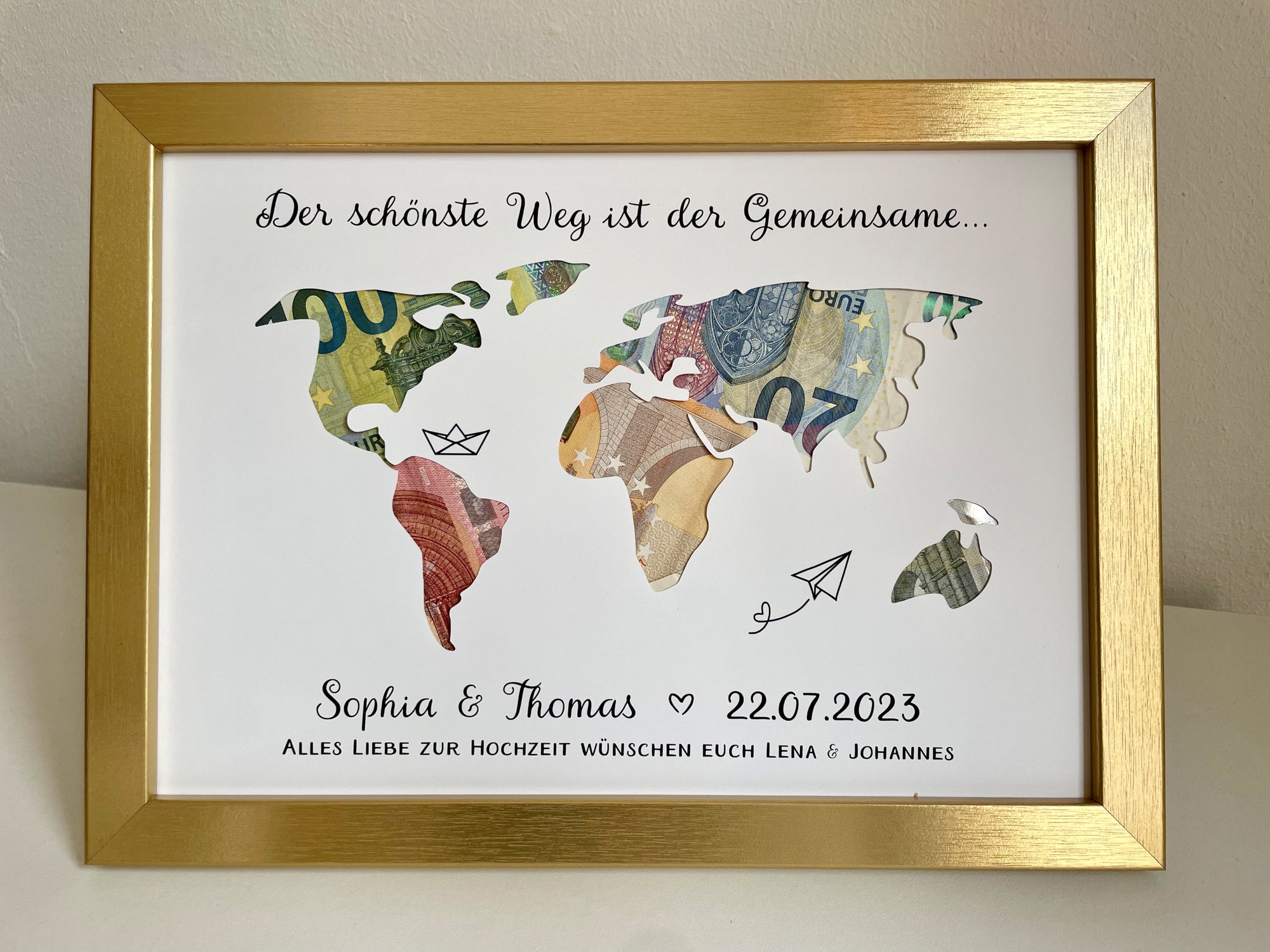Hochzeitsgeschenk Geldgeschenk personalisiert - Weltkarte - weiß