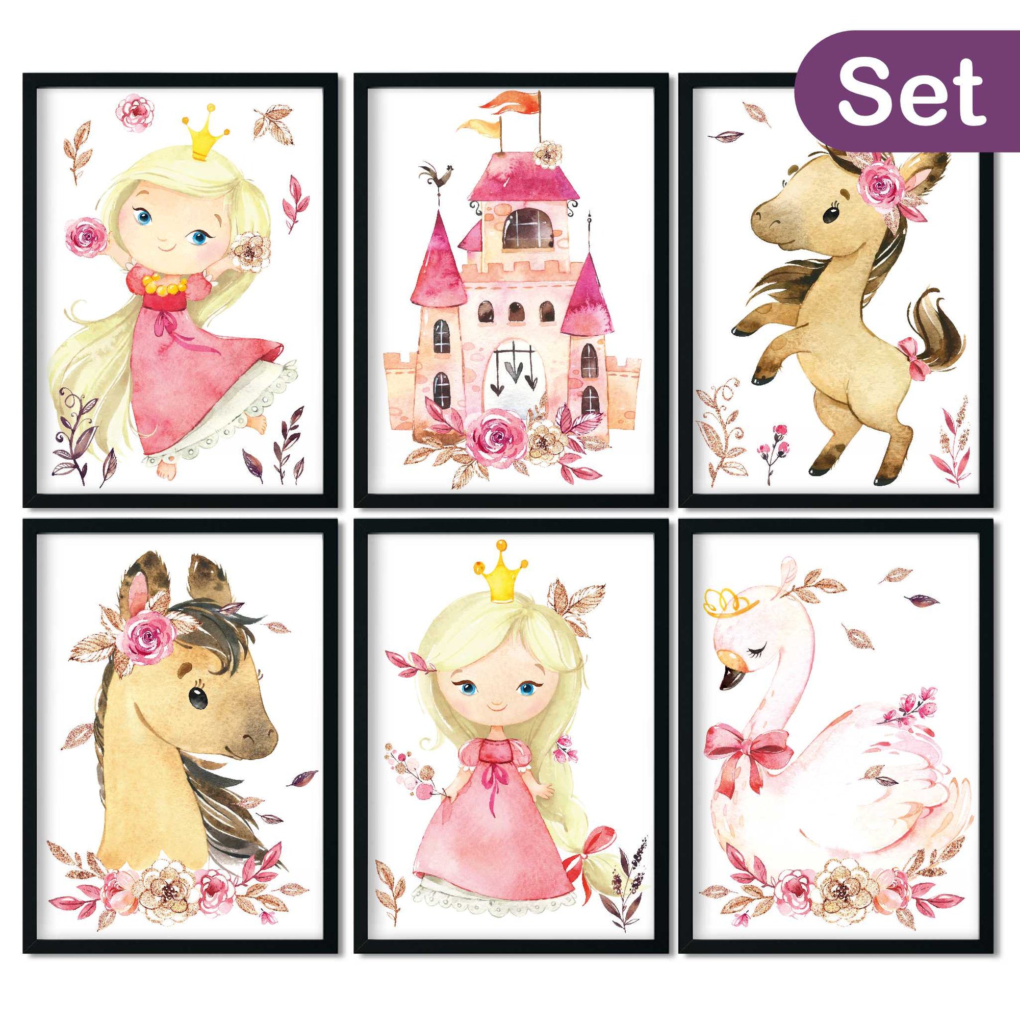 6er Set Prinzessin, Pferd und Schwan A4