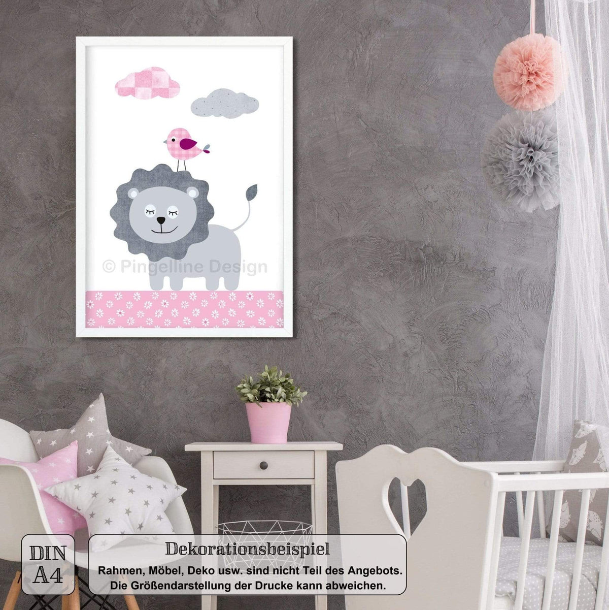 4er Set Dschungel-Tiere rosa grau ★ Bilder Kinderzimmer (DIN A4) - Pingelline Design