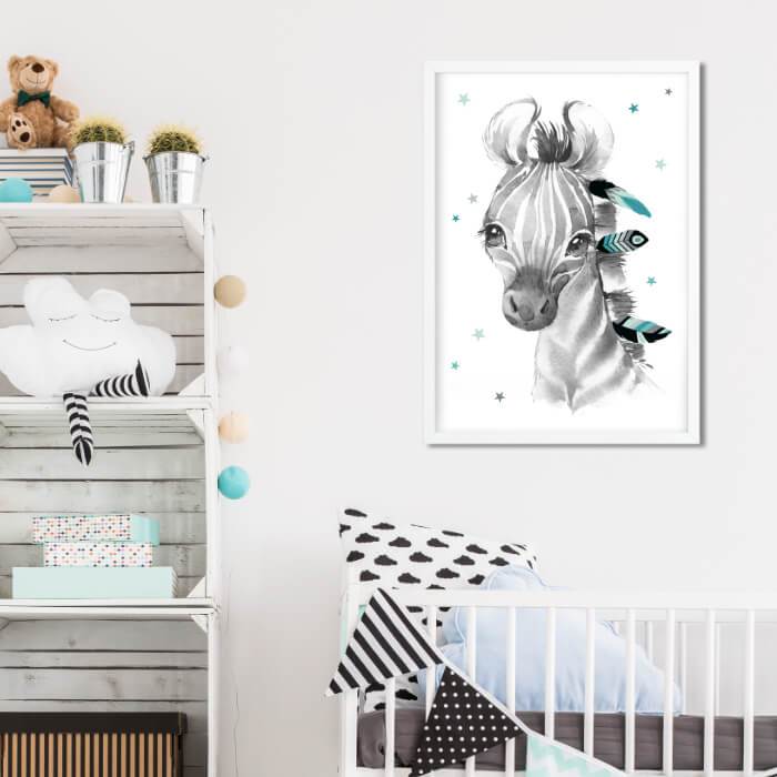 A4/A3, baby room pictures, poster nursery, nursery pictures, nursery décor - zebra - boho, feather, mint, grey, girl, boy - Pingelline Design 