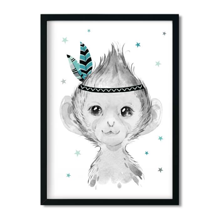 A4, nursery poster, baby room pictures, nursery décor, nursery pictures - monkey - boho, feather, mint, grey, girl, boy - Pingelline Design 