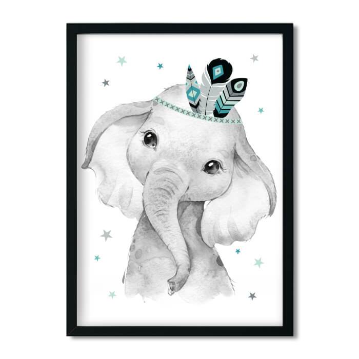 A4/A3, nursery decoration, baby room pictures, nursery pictures, poster nursery - elephant - boho, feather, mint, grey, girl, boy - Pingelline Design 