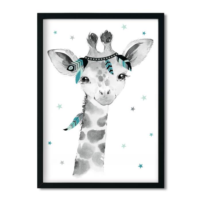 A4/A3, Babyzimmer Bilder, Kinderzimmer Bilder, Poster Kinderzimmer, Kinderzimmer Deko - Giraffe - Boho, Feder, mint, grau, Mädchen, Junge - Pingelline Design 