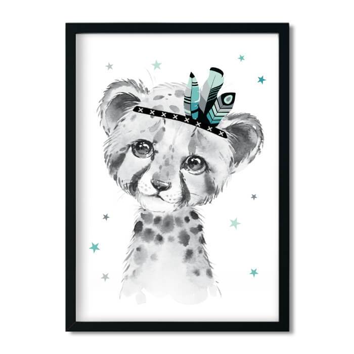 Kinderbild - Indianer Tiere mint - Leopard - A4 - Pingelline Design 