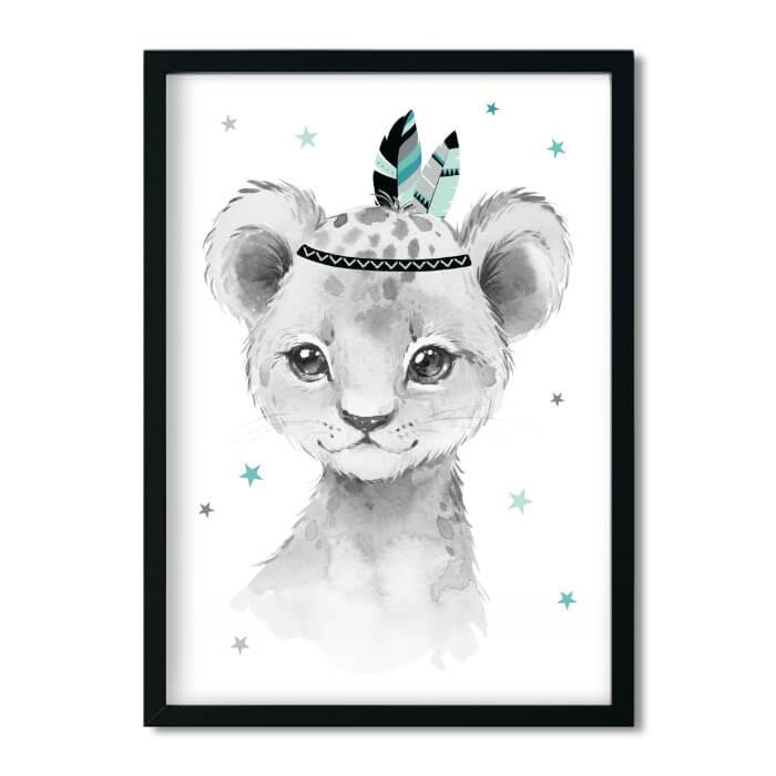 A4/A3, Poster Kinderzimmer, Kinderzimmer Bilder, Babyzimmer Bilder, Kinderzimmer Deko - Löwe - Boho, Feder, mint, grau, Mädchen, Junge - Pingelline Design 