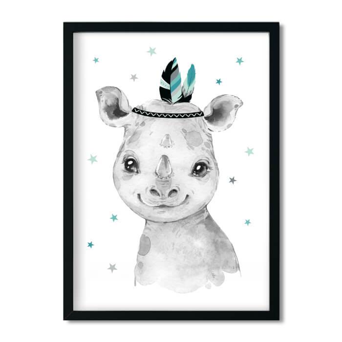 A4, pictures nursery, baby room pictures, poster nursery, nursery decoration - rhinoceros - boho, feather, mint, grey, boy, girl - Pingelline Design 