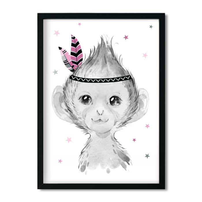 A4, Kinderzimmer Poster, Babyzimmer Bilder, Kinderzimmer Deko, Kinderzimmer Bilder - Affe - Boho, Feder, rosa, grau, Mädchen - Pingelline Design 