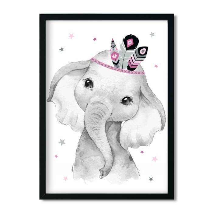 A4/A3, Kinderzimmer Poster, Kinderzimmer Deko, Kinderzimmer Bilder, Babyzimmer Bilder - Elefant - Boho, Feder, rosa, grau, Mädchen - Pingelline Design 