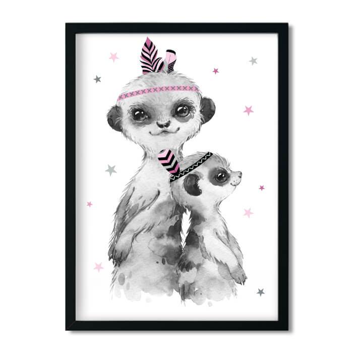 A4, Poster Kinderzimmer, Kinderzimmer Bilder, Babyzimmer Bilder, Kinderzimmer Deko - Erdmännchen - Boho, Feder, rosa, grau, Mädchen - Pingelline Design 