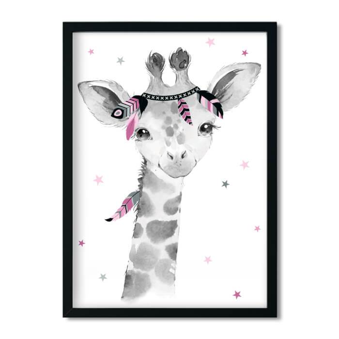 A4/A3, Poster Nursery, Nursery Pictures, Baby Room Pictures, Nursery Decoration - Giraffe - Boho, Feather, Pink, Grey, Girl - Pingelline Design 
