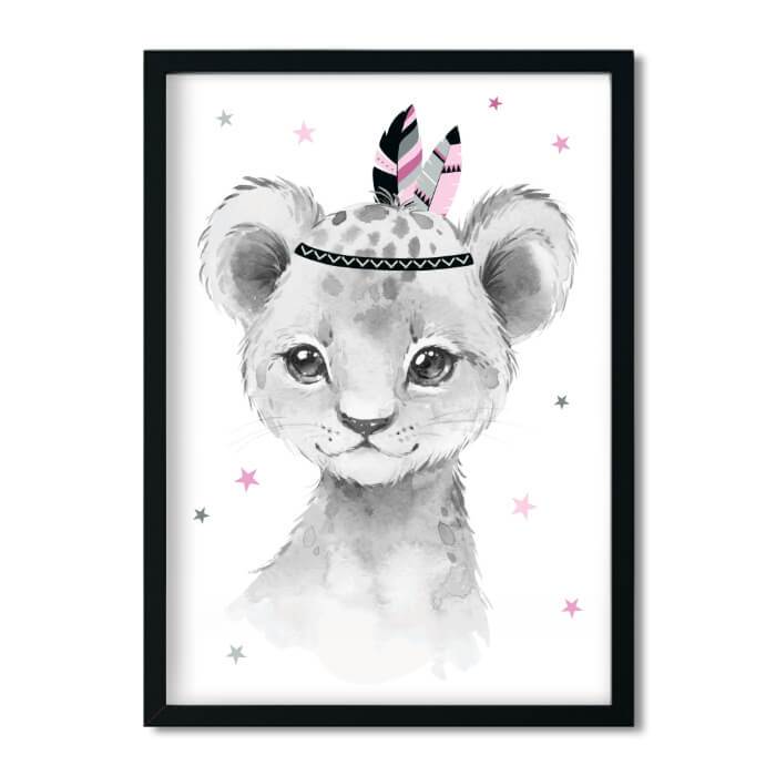A4/A3, Poster Kinderzimmer, Kinderzimmer Bilder, Babyzimmer Bilder, Kinderzimmer Deko - Löwe - Boho, Feder, rosa, grau, Mädchen - Pingelline Design 
