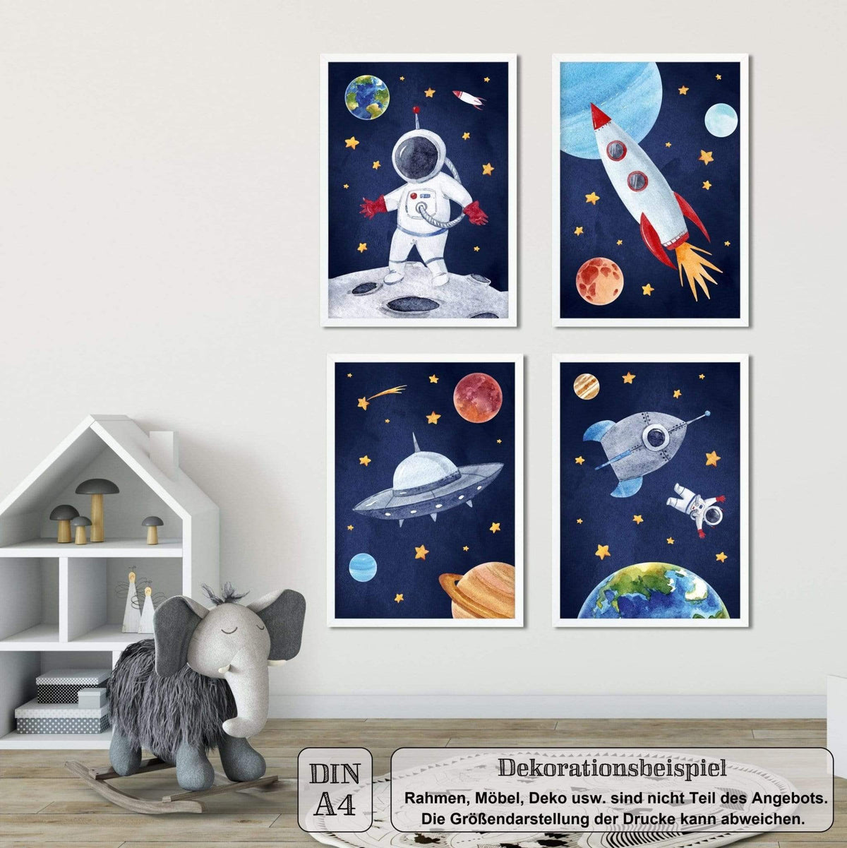 A4, Bilder Kinderzimmer, Poster Kinderzimmer, Babyzimmer Bilder, Kinderzimmer Deko - Weltraum - 4er Set, Junge - Pingelline Design
