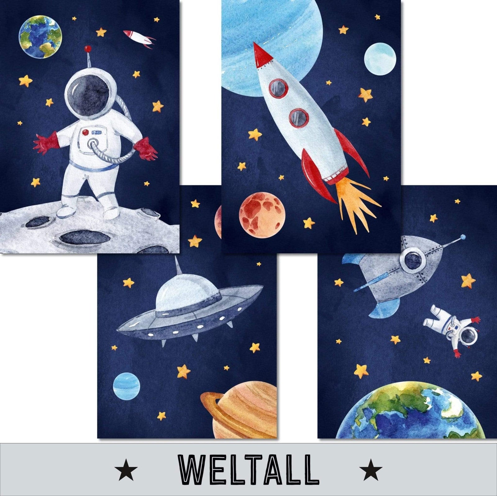 A4, Bilder Kinderzimmer, Poster Kinderzimmer, Babyzimmer Bilder, Kinderzimmer Deko - Weltraum - 4er Set, Junge - Pingelline Design