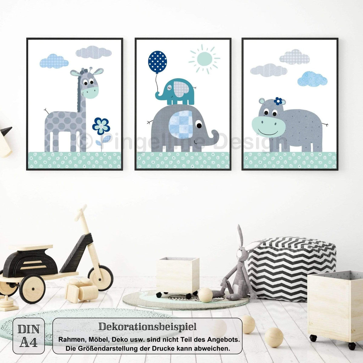 A4, Kinderzimmer Deko, Babyzimmer Bilder, Kinderzimmer Bilder, Poster Kinderzimmer - Dschungeltiere - 3er Set, mint - Pingelline Design