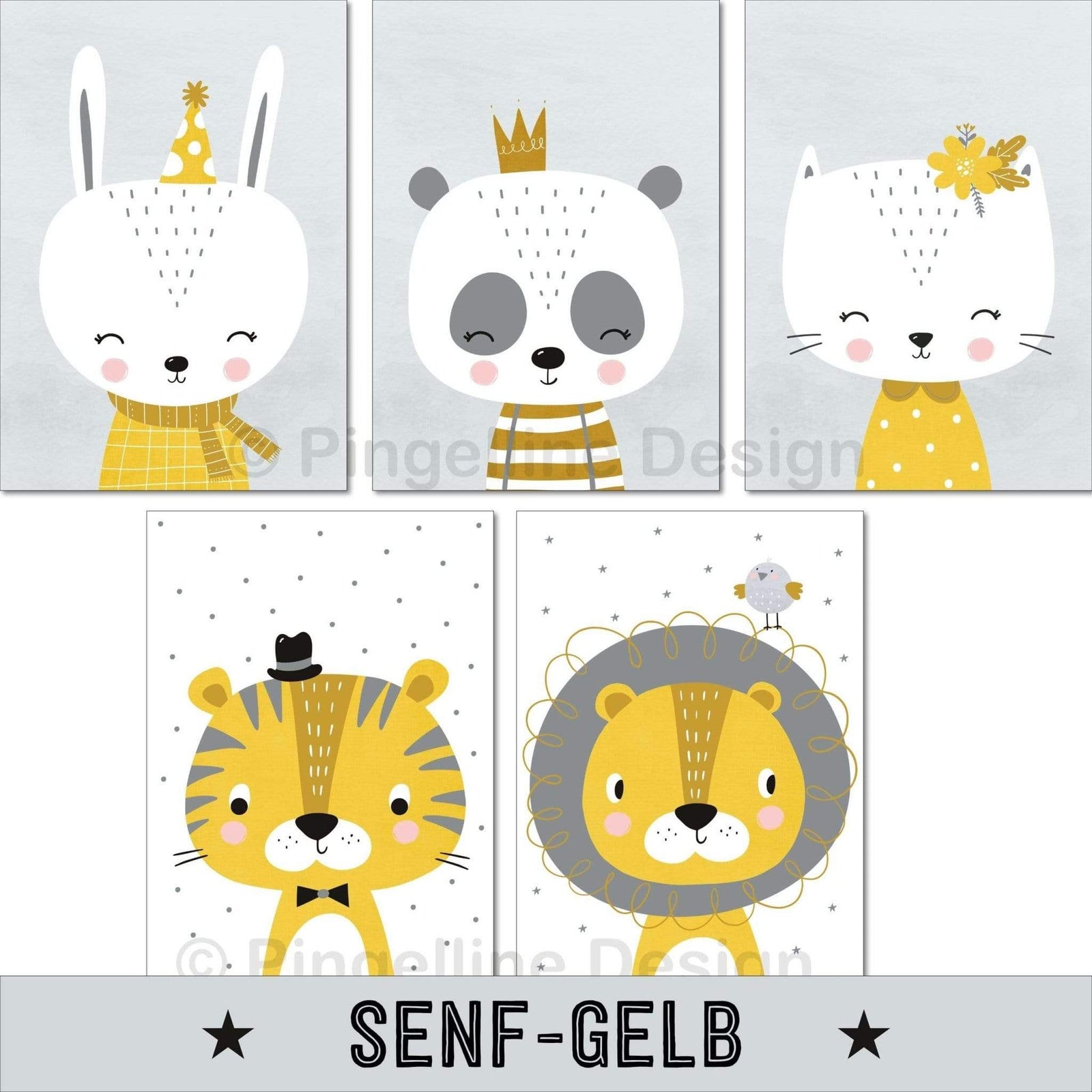 A4, Kinderzimmer Poster, Kinderzimmer Deko, Kinderzimmer Bilder, Babyzimmer Bilder - Nordic - senfgelb - 5er Set - Pingelline Design