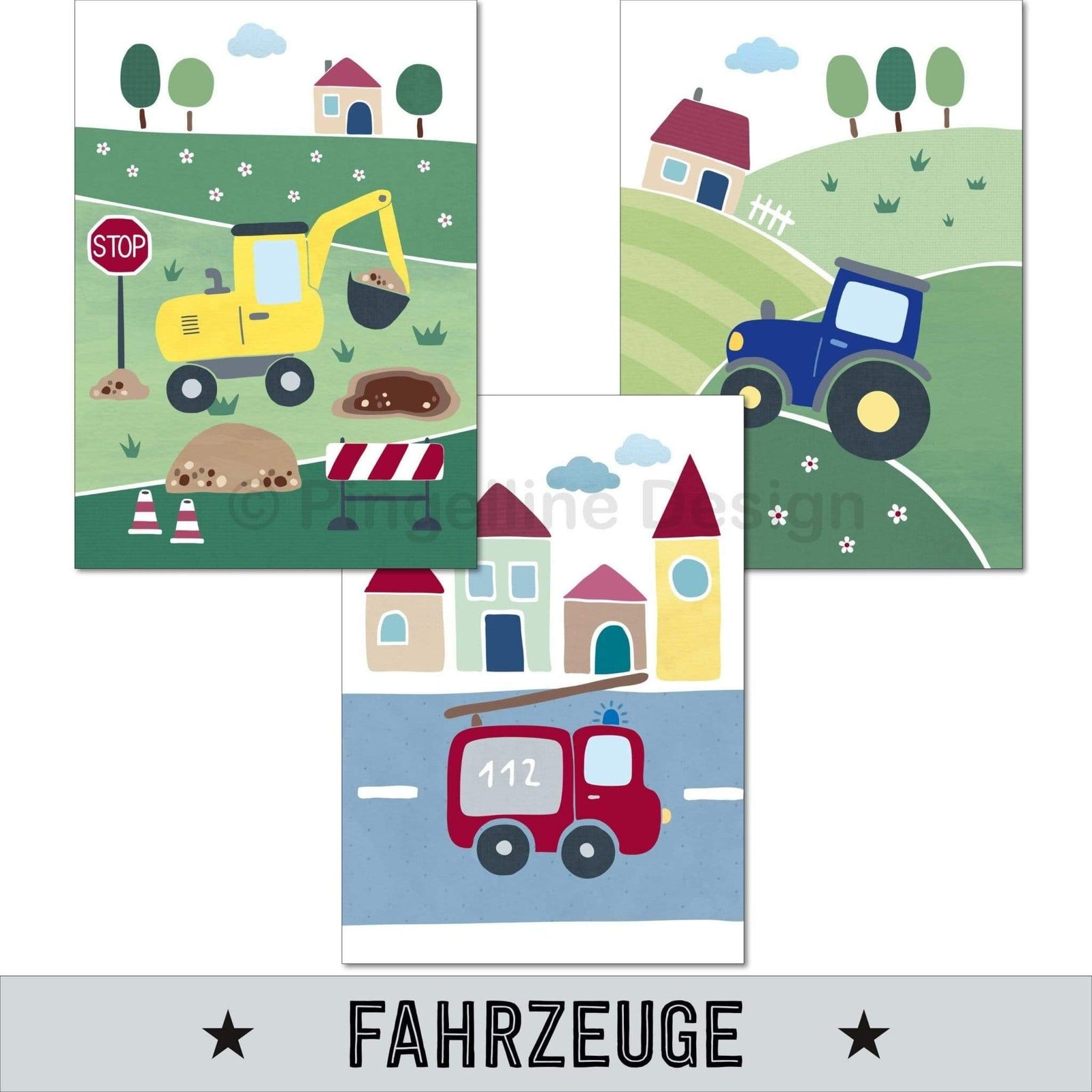 A4, Poster Kinderzimmer, Babyzimmer Bilder, Kinderzimmer Deko, Kinderzimmer Bilder - Fahrzeuge - 3er Set, Bagger, Traktor, Feuerwehr, Junge - Pingelline Design