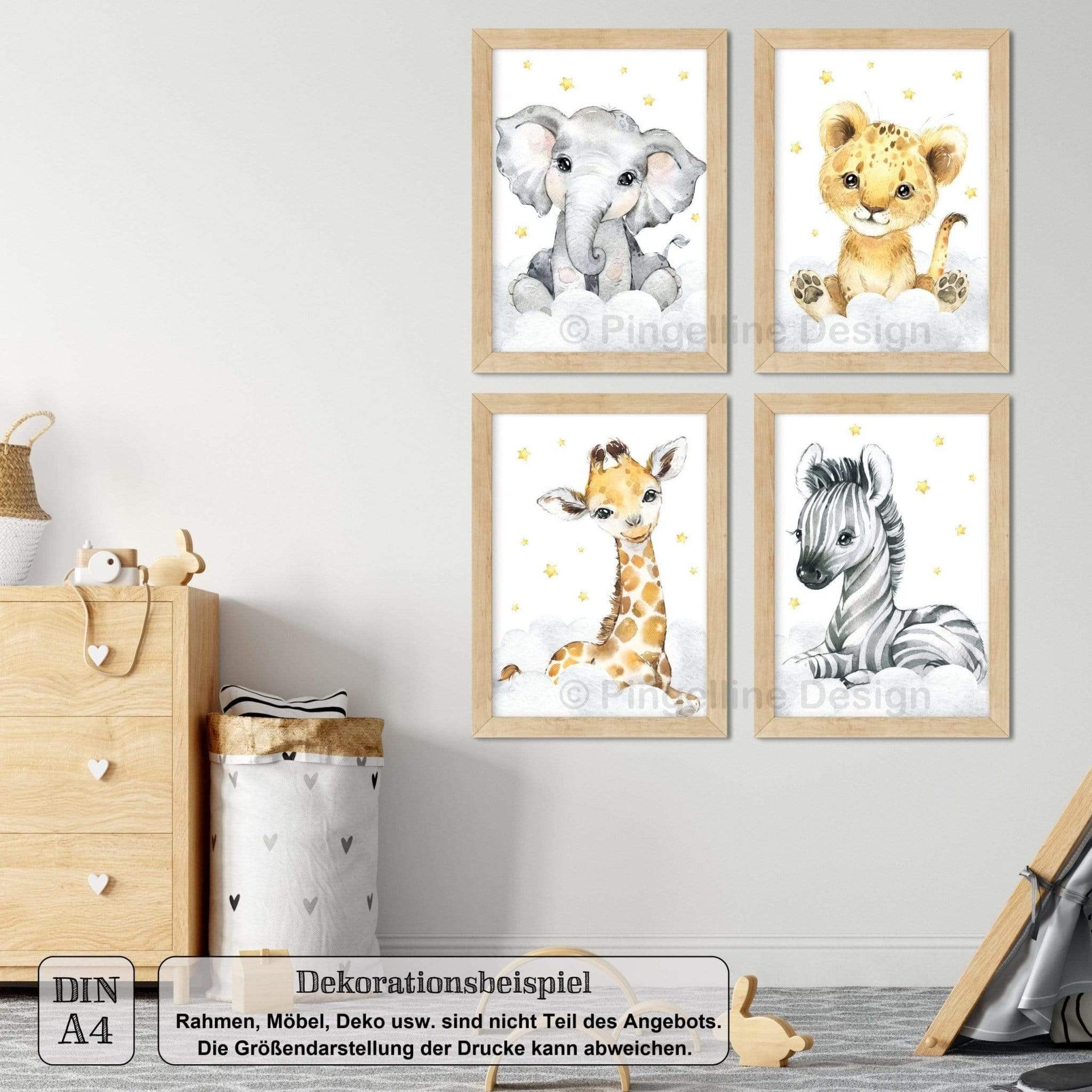 Design 4er Bilder Kinderzimmer Set Safari A3 / Pingelline A4 - Tiere