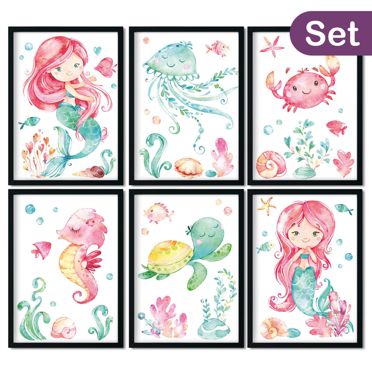 Bilder Kinderzimmer Poster - Meerjungfrau &amp; Meerestiere - Kinderbilder Babyzimmer Deko Mädchen - rosa mint - 6er Set A4