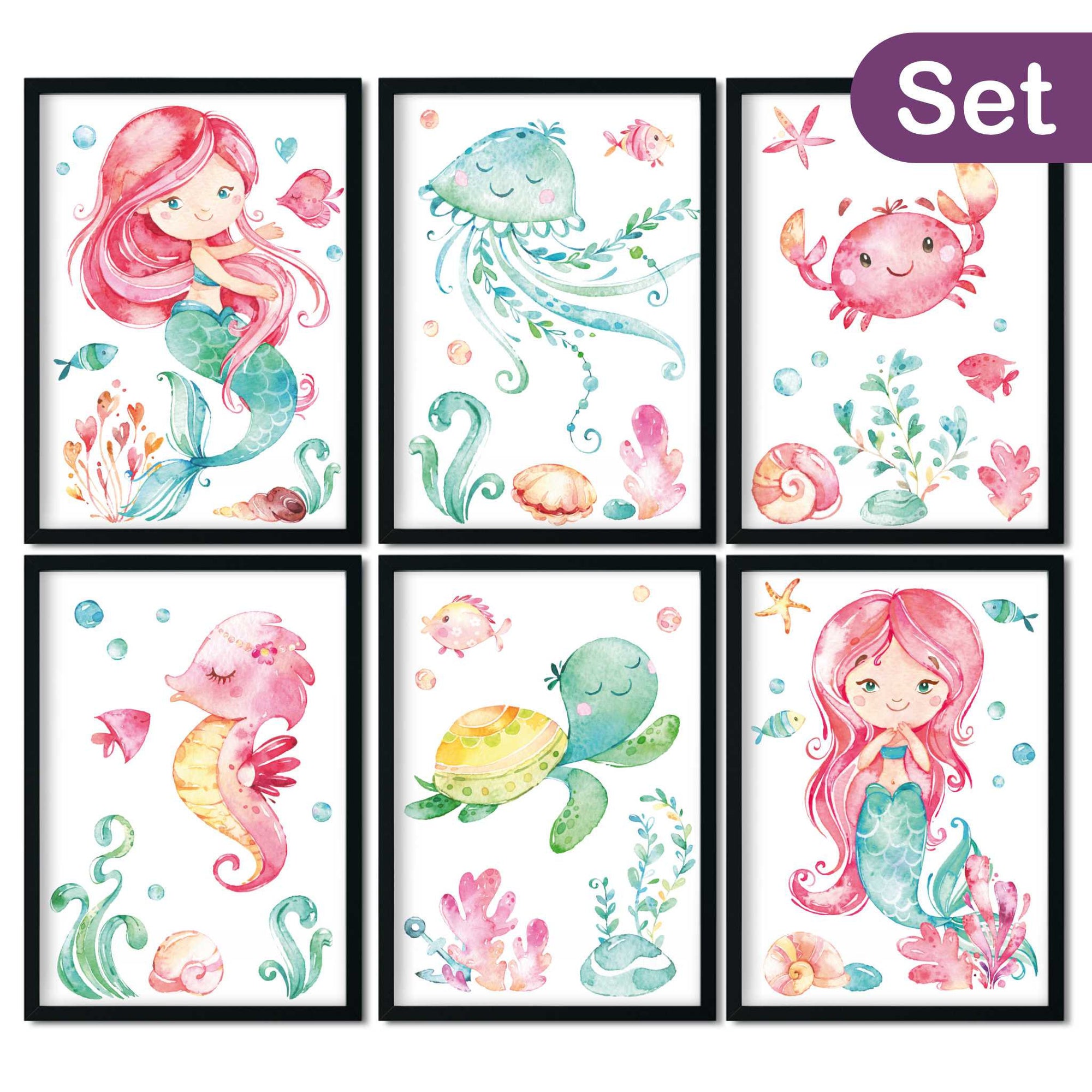 Bilder Kinderzimmer Poster - Meerjungfrau & Meerestiere - Kinderbilder Babyzimmer Deko Mädchen - rosa mint - 6er Set A4