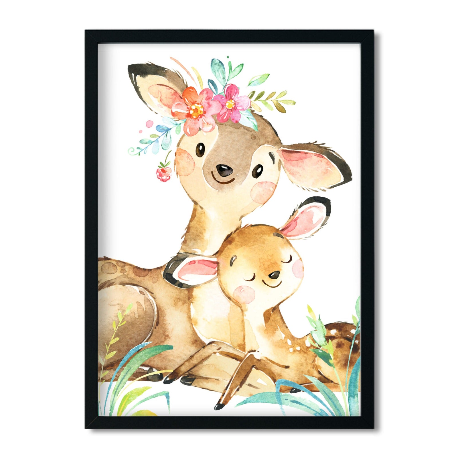 Bilder Kinderzimmer Poster * Waldtiere Mama Reh * Babyzimmer Deko Mädchen Junge - Tierbilder Aquarell - A4 / A3