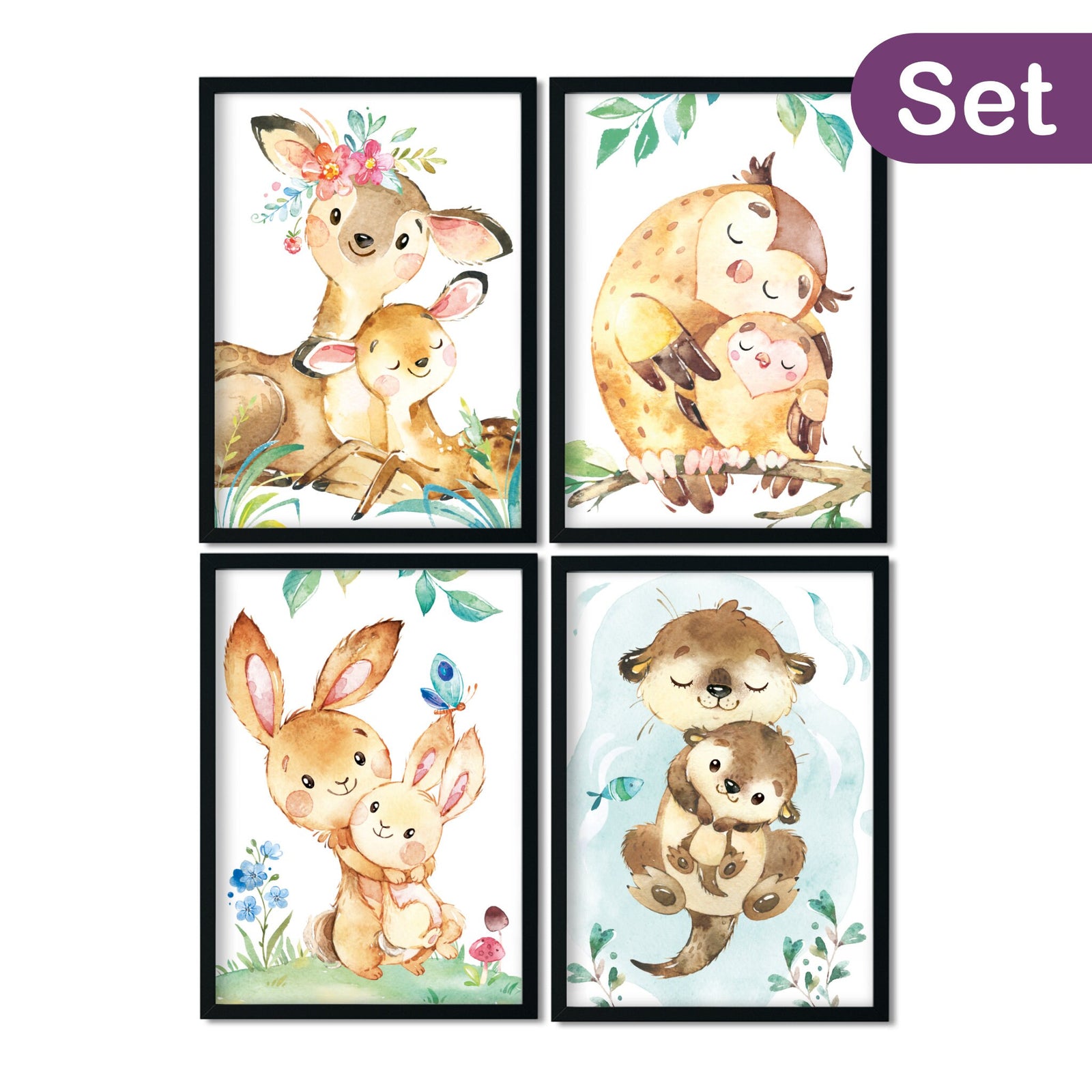 Babyzimmer Bilder, Poster Kinderzimmer, Kinderzimmer Bilder, Kinderzimmer Deko - Waldtiere - 4er Set, Mädchen, Junge - A4 / A3